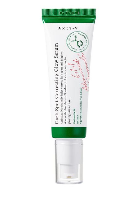Axis-Y Dark Spot Correcting Glow Serum in a tube for brightening uneven skin tone and hydration.
